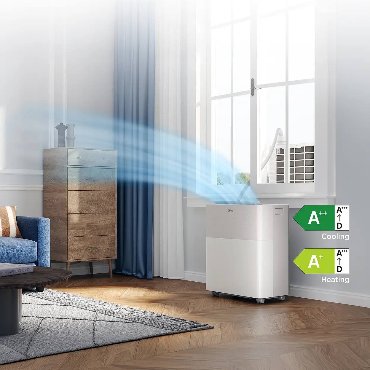 Midea PortaSplit-E 12KBTU, tragbare Mini-Split-Klimaanlage, mondlichtgrau, 3,5 kW, Energieeffizienz A++, Heiz- und Kühlfunktionen, 45 kg, für Räume bis zu 105 m³, 39 dB(A) - Mobiles Klimagerät - AerCoola