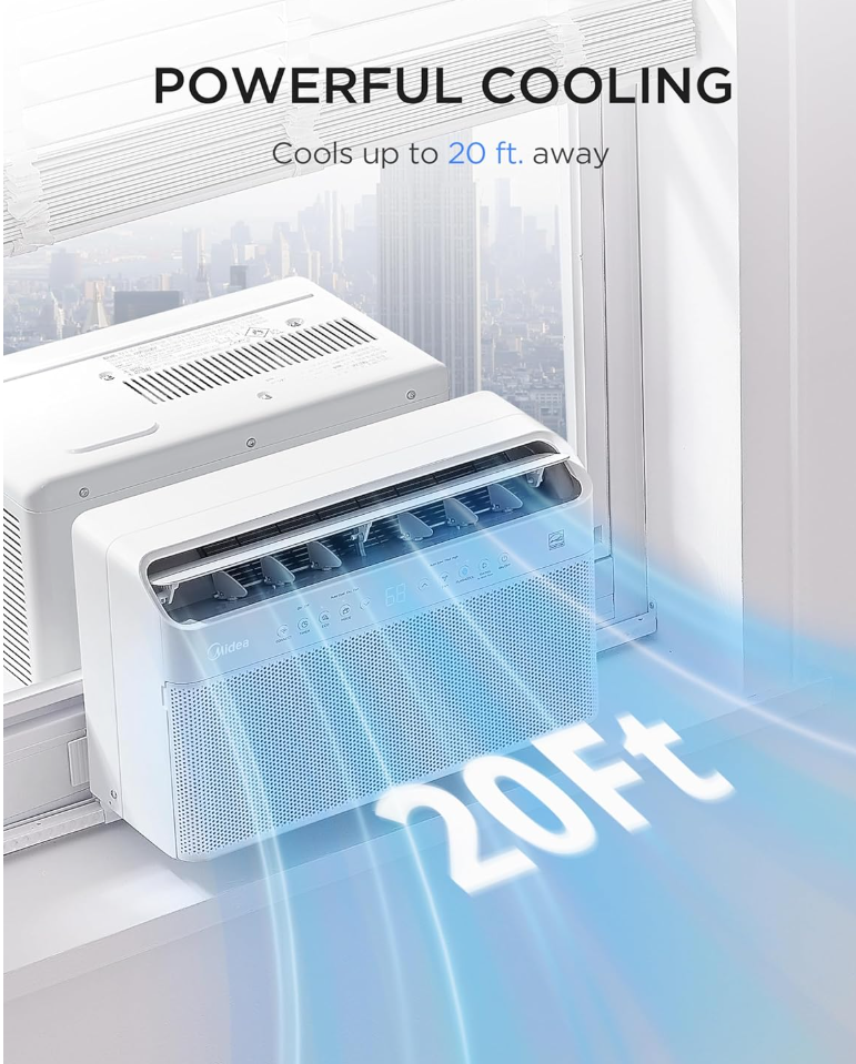 Midea 8.000 BTU U-förmige intelligente Inverter-Fensterklimaanlage – kühlt 350 m², ultra-leise mit offenem Fenster, Flexibilität – Alexa/Google Assistant kompatibel – 37% Energieeinsparung - Mobiles Klimagerät - AerCoola